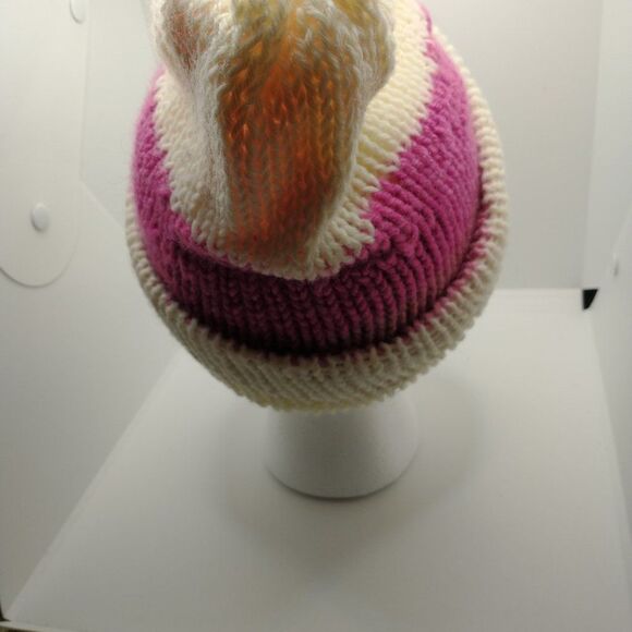 Hand Crafted Knit Unisex Hat Pink Ivory Winter Warm Beanie Slouchy Ski Cap - Picture 4 of 7